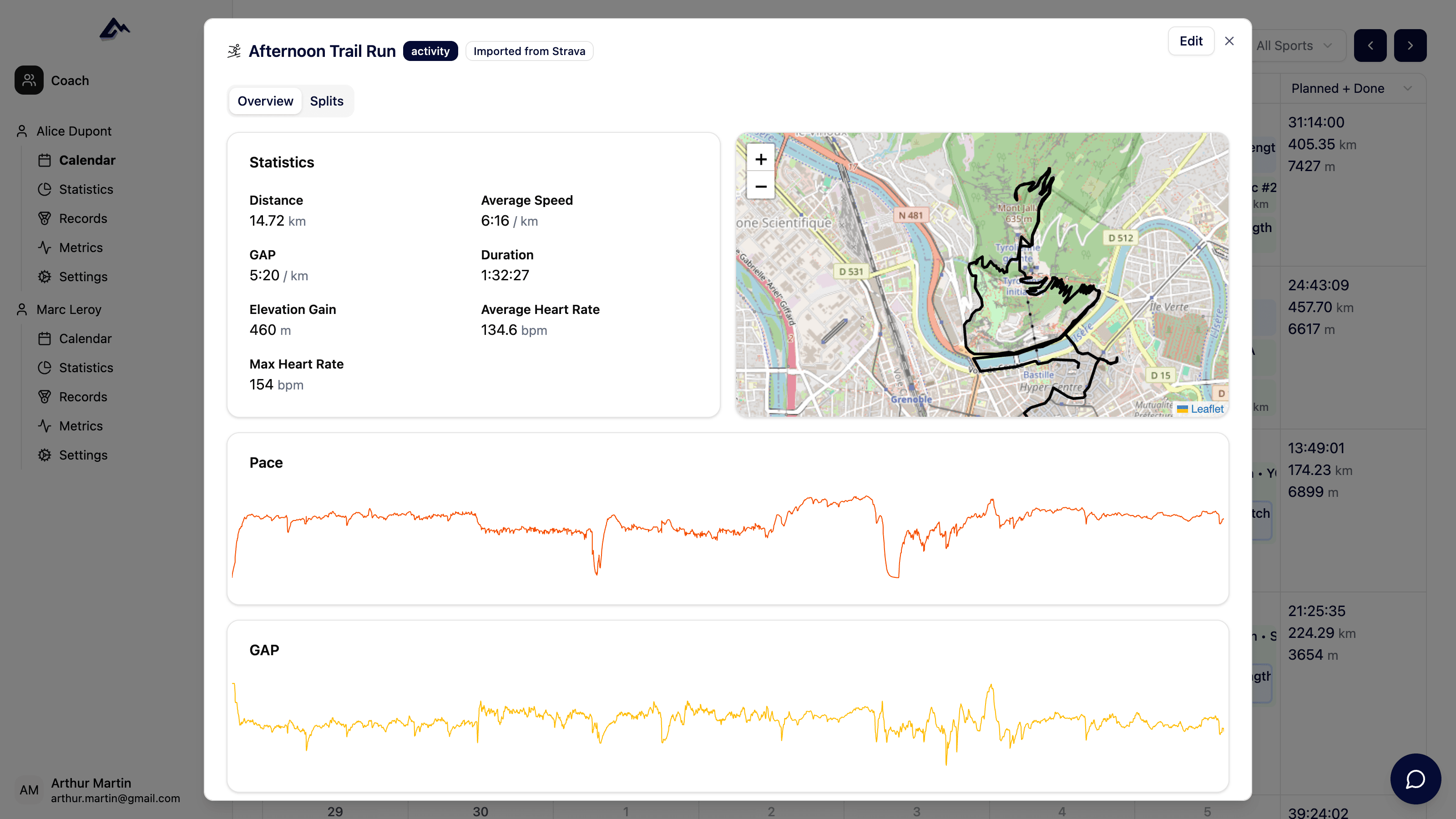 Screenshot composite ou split-screen montrant plusieurs fonctionnalités clés : création de plan IA, tableau de bord fatigue avec graphiques, alertes de surcharge. Montage visuel attrayant montrant la richesse de la plateforme.